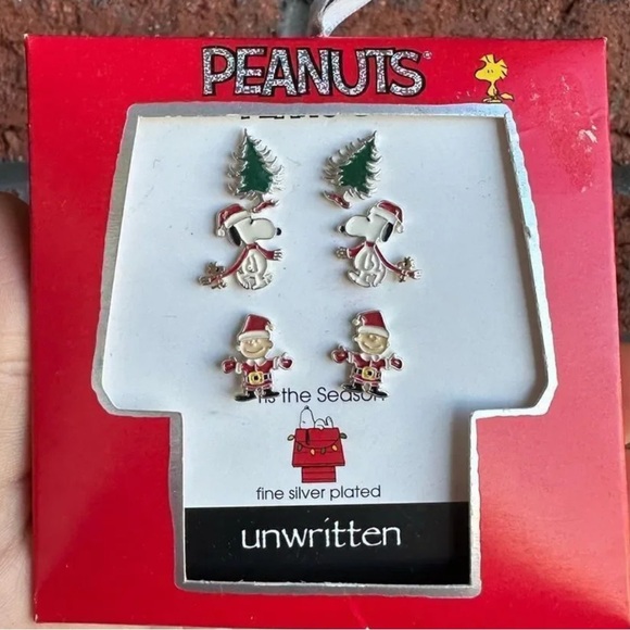 Snoopy Christmas Holiday Peanuts Trio 3 Piece Silver Plate Earrings - Picture 1 of 5